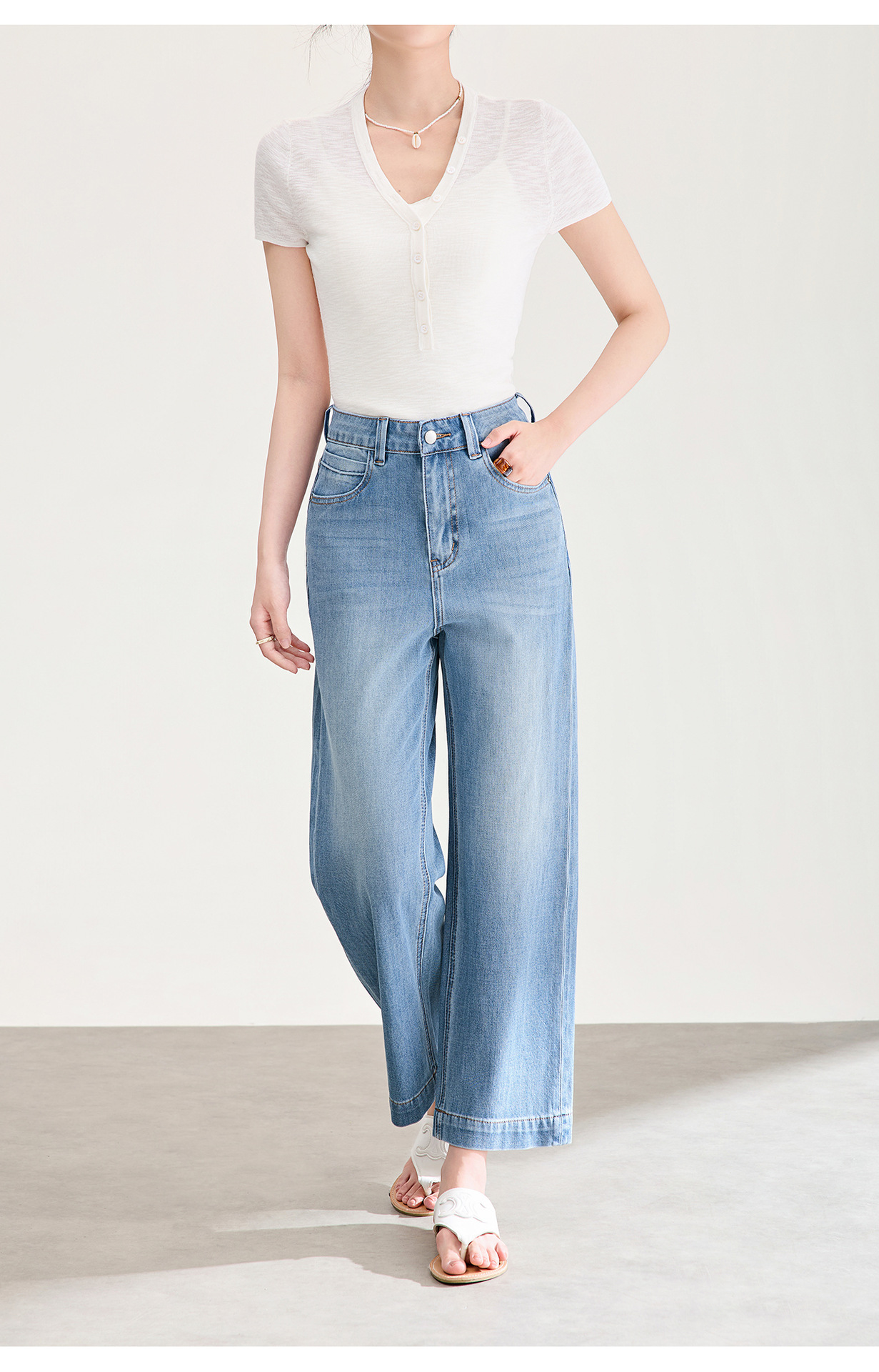 Quần jean nữ cạp cao ống rộng chất liệu cotton pha sợi co giãn mềm mại — xanh lam chi tiết 21