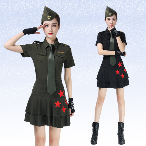 Sailor dance costume women's short-sleeved T-shirt square dance dance costume new military green lapel top dance costume