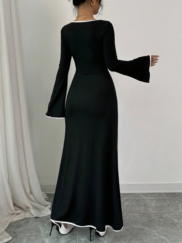 European and American new style temperament square collar socialite style contrasting color slim slimming elegant dress