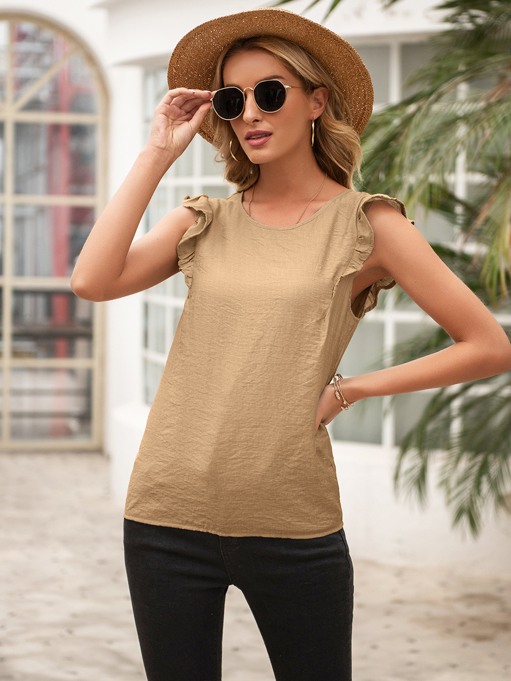 lotus leaf sleeve round neck loose solid color top NSYBL120829