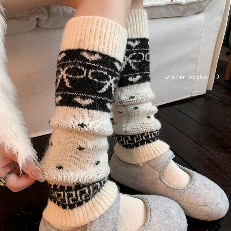 Leg Warmers Bootshang Cotton Socks For Women Autumn And Winter Wool Warm Thick Bow Retro Maillard Heavy Industry Fair Isle Pile Socks_voghion.com