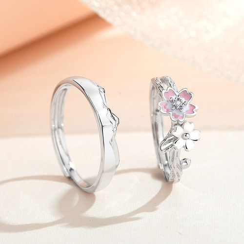 Original cherry blossom couple ring sterling silver creative forest style summer niche flower pair ring men and women ring Chinese Valentine's Day gift