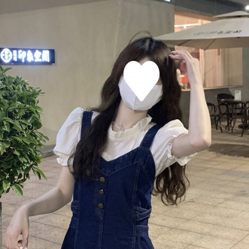 Complete set with age-reducing suit dress, summer denim/cotton suspenders, long dress, small, slightly plump and slimming suspenders,
