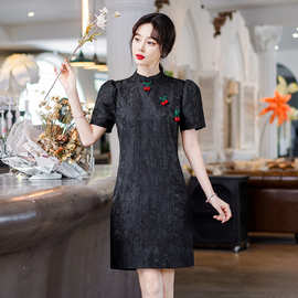 2024夏季新款改良旗袍裙小众设计黑色高级感小香中国风连衣裙