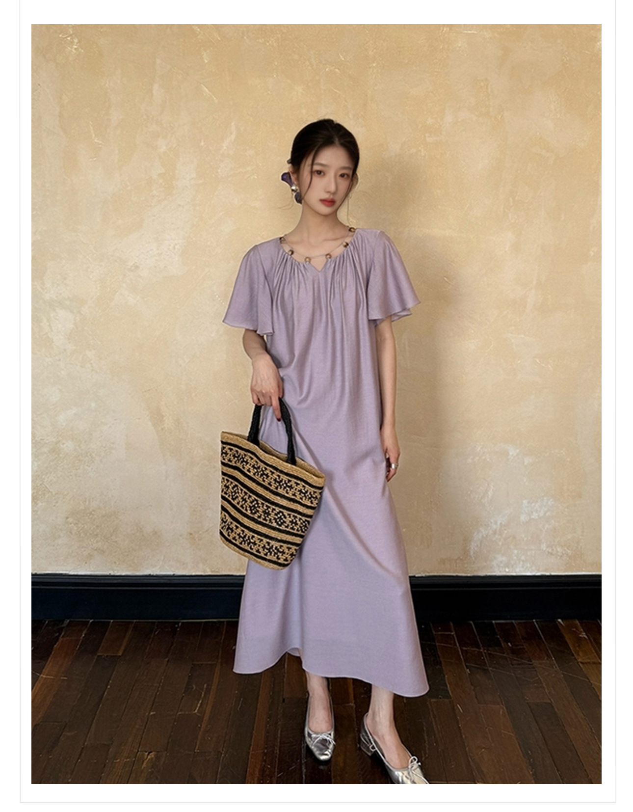 Váy dài Tencel thời trang mùa hè tay bèo phong cách Pháp đơn giản thon gọn — Tím khoai môn chi tiết 3