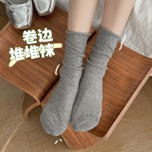 Pile socks, thin style, fairy pure desire, summer mid-tube women's socks, cream ballet style, curled edge, slimming Japanese stockings