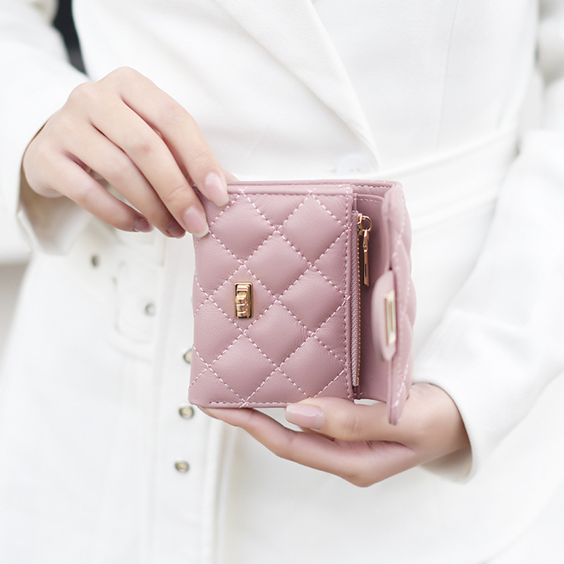 Cartera pequeña estilo Chanel para mujer, monedero corto, cartera de cuero acolchada simple, cartera de piel de oveja de gran capacidad, tarjetero de cuero genuino.