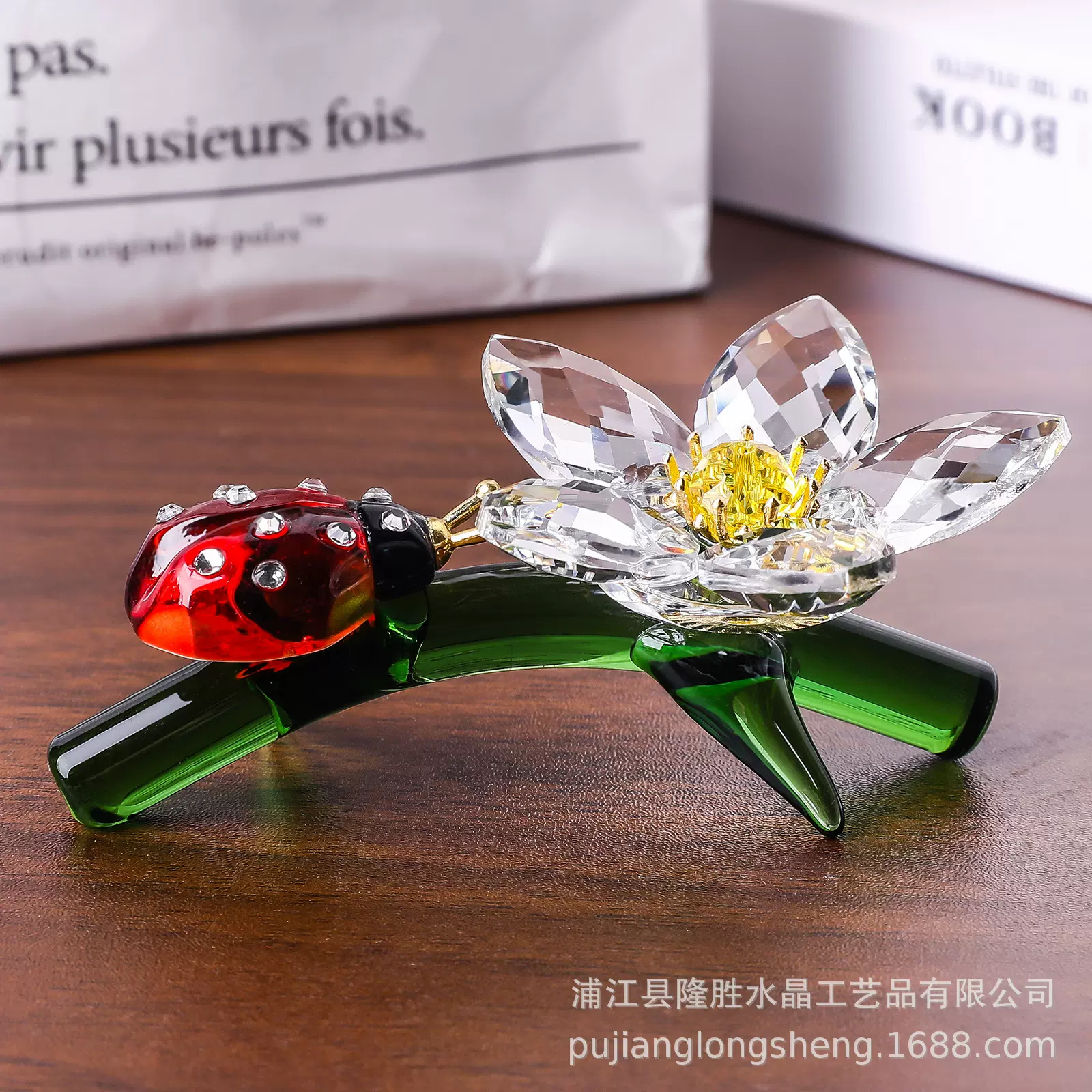 水晶工艺品树上红色瓢虫花朵瓢虫小动物客厅玄关装饰仿真小摆件