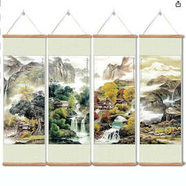 新中式实木挂画 装饰卷轴画 山水风景静月岁好 沙发背景墙喷绘画