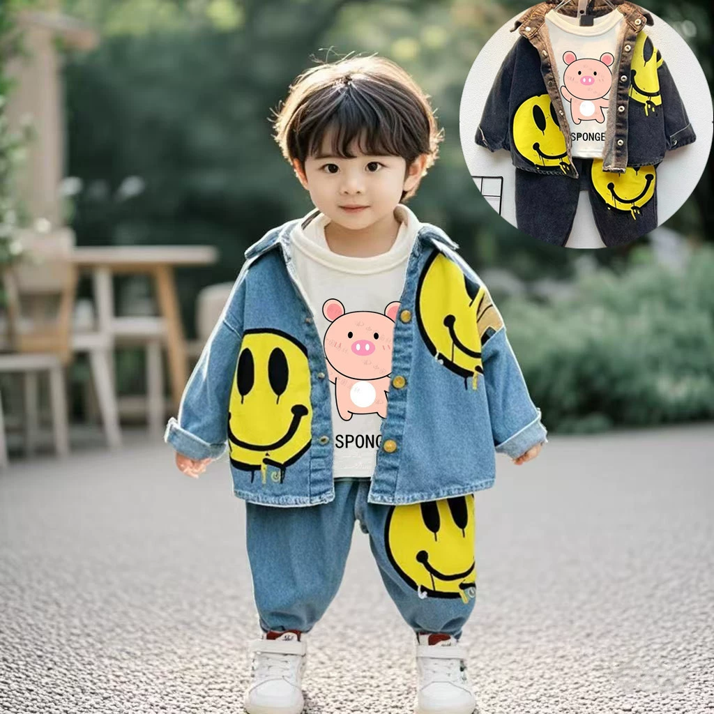 Повседневный костюм Красивый модный костюм для малышей на один год Весна и осень Джинсовая детская одежда со смайликом Комплект из трех предметов Модный для детей