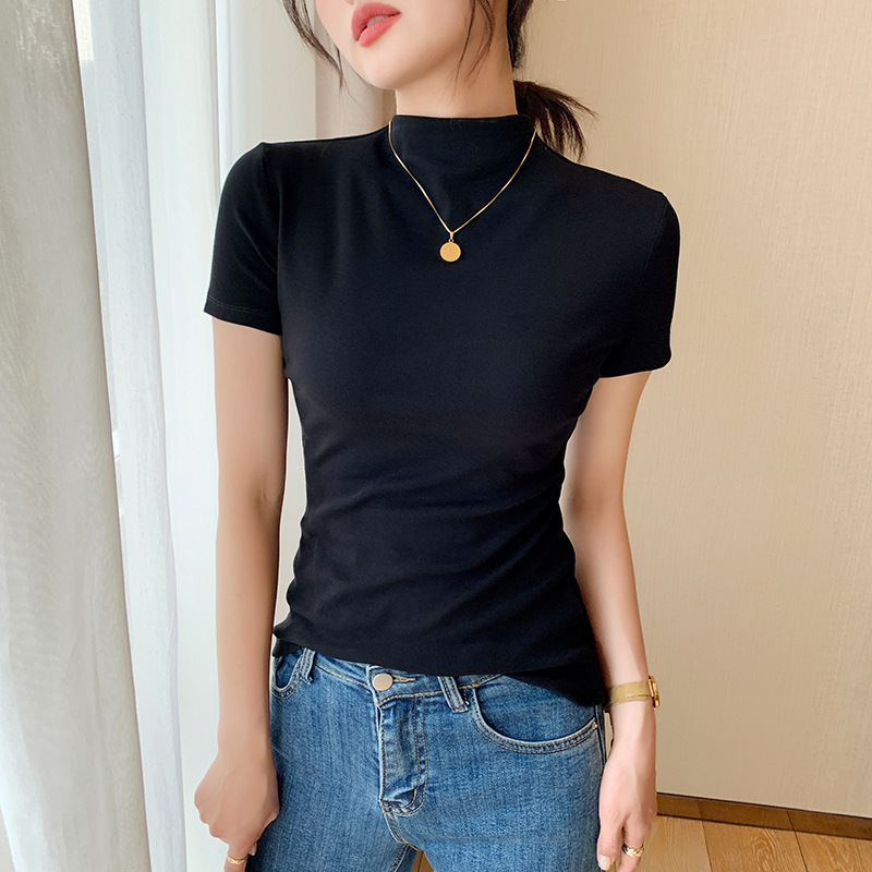 女性用ハーフタートルネック半袖ボトムシャツ、春夏秋の薄手の純綿Tシャツ、スリムフィットシャツ、気質半袖トップス|undefined