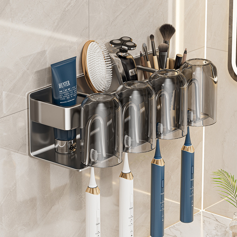 穴なし歯ブラシホルダー宇宙アルミトイレ壁掛け歯磨きホルダーうがいコップ収納電動歯ブラシホルダー|undefined