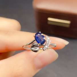 跨境天然蓝宝石戒指女配饰小众高级感925银饰5*7mm时尚工厂直销