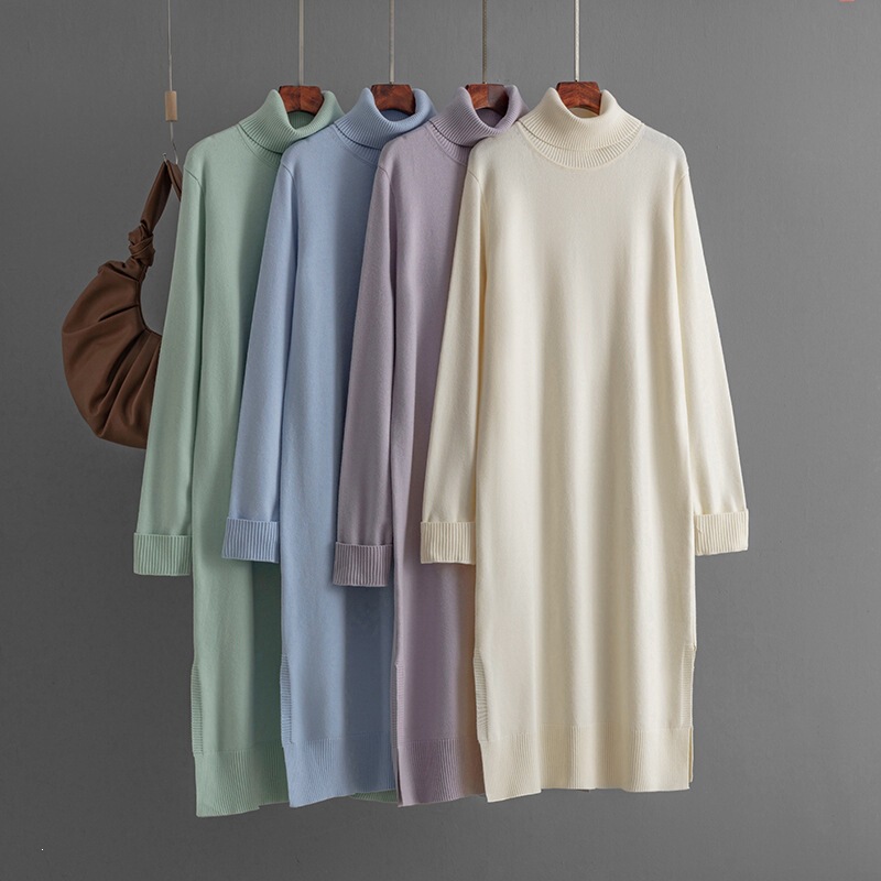 European and American Women's Clothing 2024 Autumn and Winter New Casual Solid Color High-Neck Knitted Sweater Slit Bottoming Dress