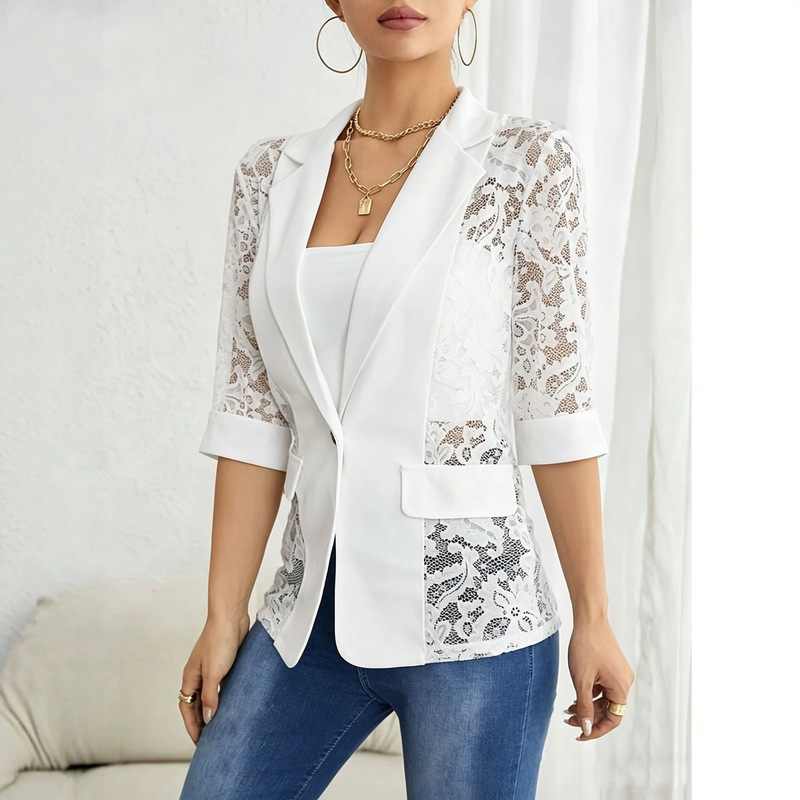 European and American cross-border 2026 spring new elegant solid color fashion lace patchwork blazer women's top European and American cross-border 2026 spring new elegant solid color fashion lace patchwork blazer women's top