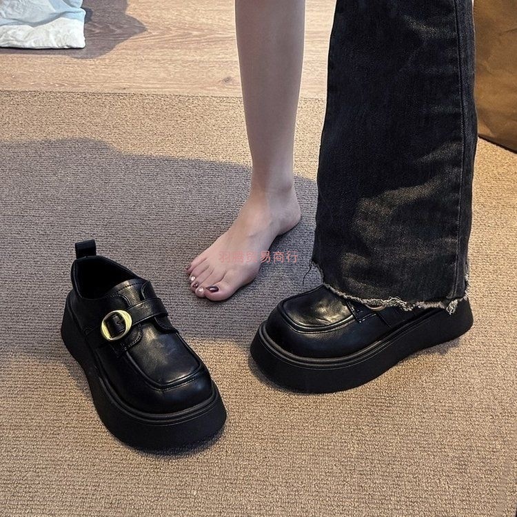 真软皮乐福鞋女厚底小皮鞋一脚蹬懒人鞋玛丽珍鞋学院风黑色单鞋秋