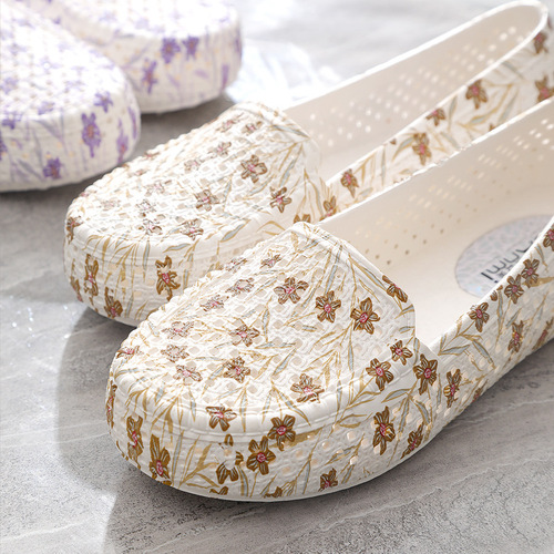 Women's Summer Casual Print Sliding Flat Open-toe Nurse Shoes Soft Sole Driving Maternity Mother Sandals with Holes