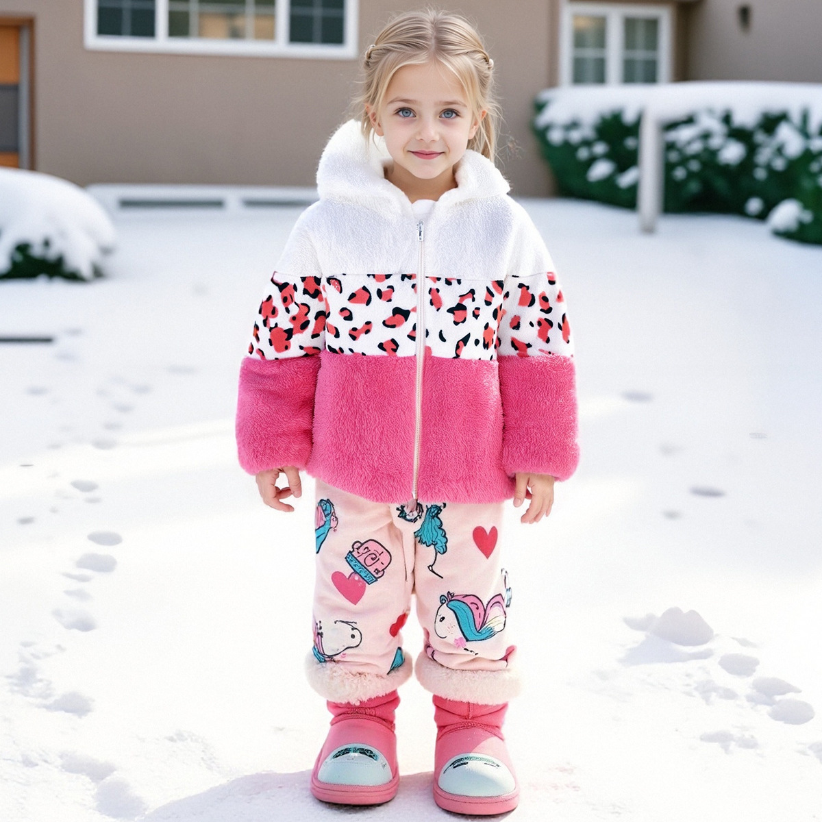 Girls' fuzzy coat, autumn and winter, long-sleeved, warm, cute leopard print patchwork zip-up jacket, European and American style children's hooded coat