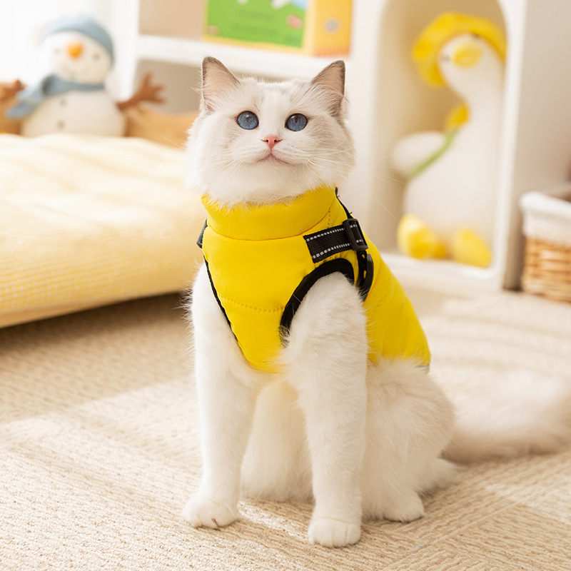 Transfronterizos amarillos de moda para salir tracción chaleco gatos a prueba de viento espalda de pecho grueso ropa de mascota gatos al por mayor
