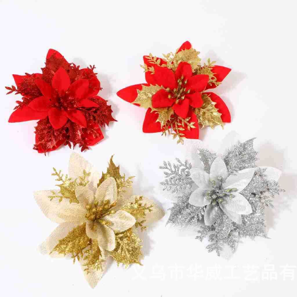 Christmas gold powder Christmas flower head simulation flower double into gold powder Christmas flower Christmas wreath decoration Christmas tree decoration