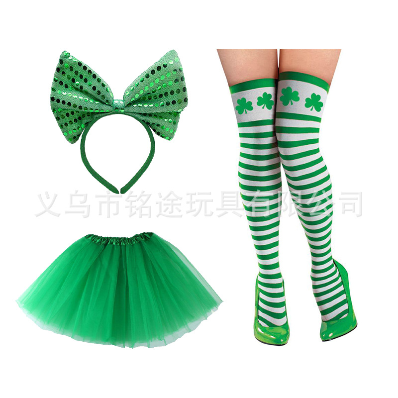 Traje de festival de St Patrick Irish Clover cabeza hebilla Cadena de cuentas calcetines traje de fiesta de falda de gasa de tres capas