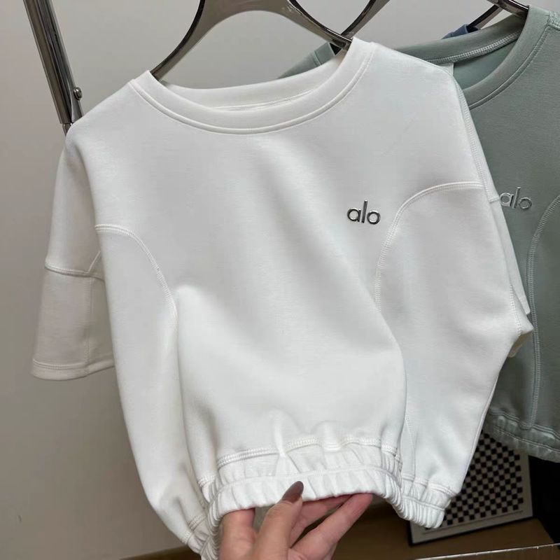 aloクラス 春夏 エアレイヤー ヨガ ショートTシャツ 伸縮性裾 おへそ出し ウエスト半袖トップス|undefined