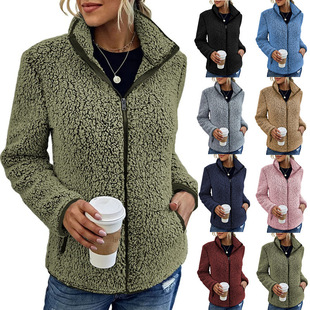 2025 Amazon Stand Collar Solid Color Sweater Women's Casual Fashion Long Sleeve Zipper Bubble Velvet Jacket