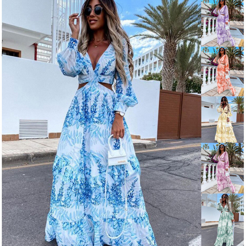 Cross-Border Export 2022 Amazon European and American Fashion Spring and Summer New Long Printed V Neck Long-Sleeved Elegant Dress