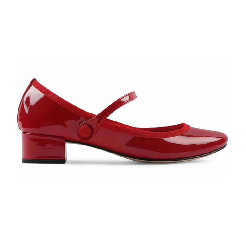 Original Design~ Chunky Heel Mary Jane Shoes, Shallow Mouth, Mid-Heel, Genuine Leather, Classic Fashion, Patent Leather, Red Shoes, Ol Commuter Flats for Women