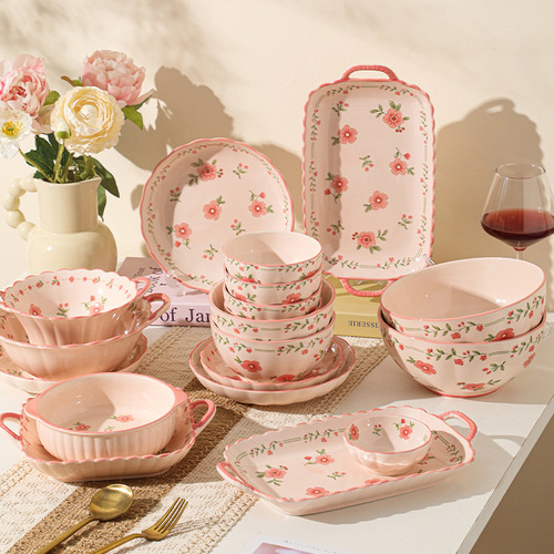 High-Endurance Red Glaze Ceramic Tableware Set for Home Use - Ceramic Bowl Soup Bowl Fish Plate Wedding Moving Gift Festive Tableware Set