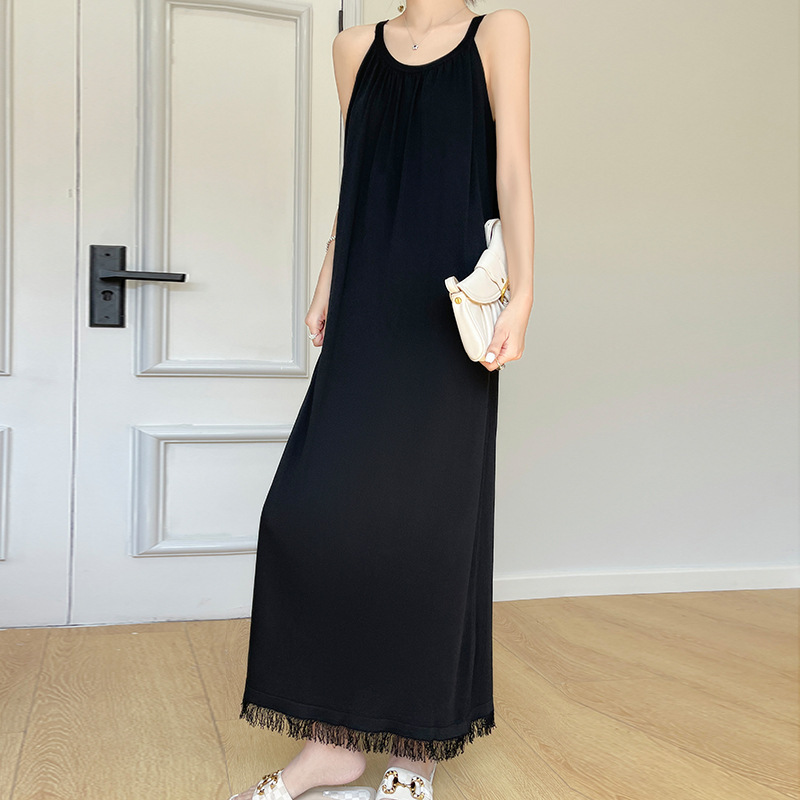 Spring and Summer New Ins Women's Knitted Sling dress Sexy Neck Round Neck Super Long Black Skirt