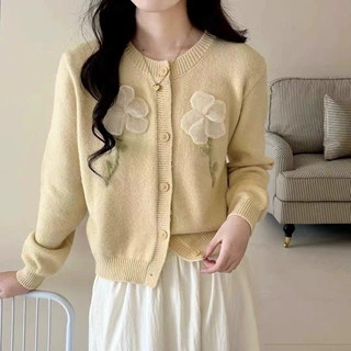 跨境韩系甜美风立体花朵针织开衫女早秋新款宽松显瘦毛衣外套上衣
