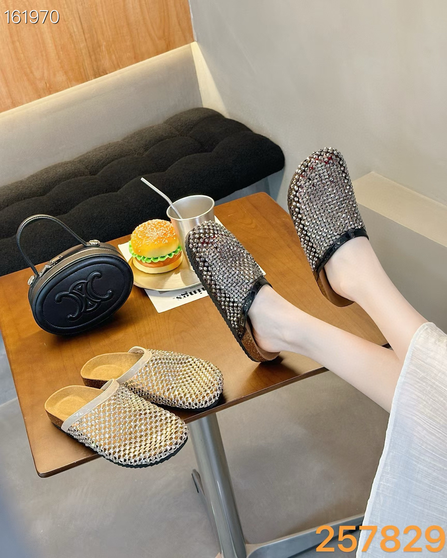Sandal nữ mũi nhọn đính đá lưới thoáng khí da thật phong cách châu Âu — vàng chi tiết 7