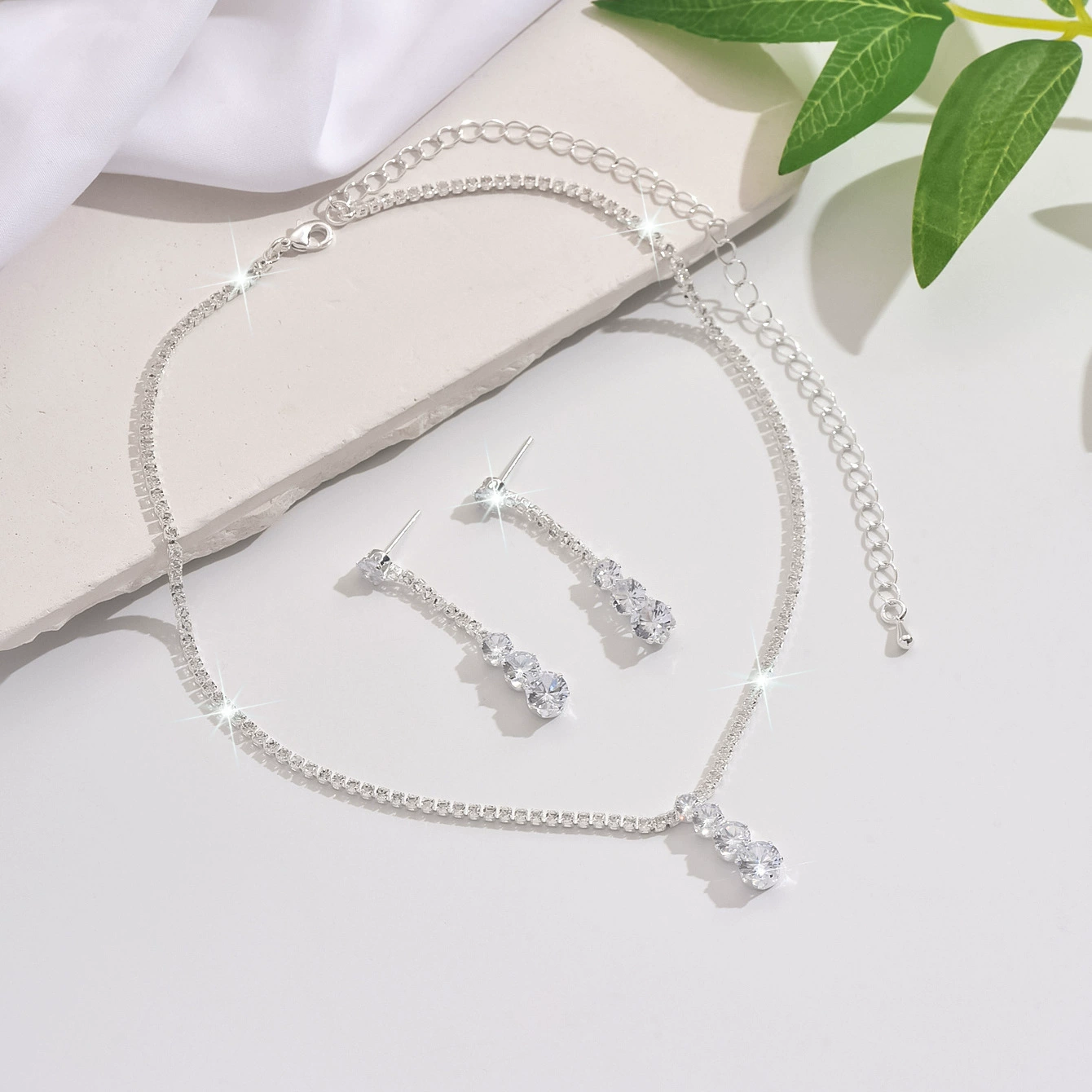 Колье и серьги, серебряный комплект, цирконий, корейское украшение для ногтей, свадебное платье для невесты, новая коллекция