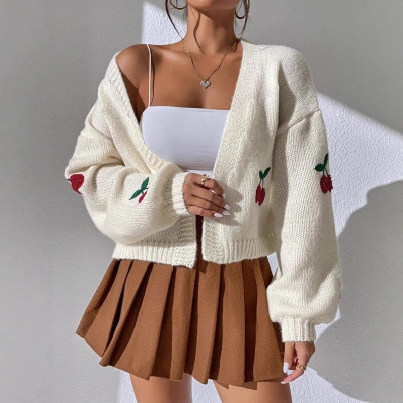 Cross-Border European and American Autumn and Winter New Stereo Cherry Embroidered Sweater Women's Amazon Buckle-Free Loose Version Knitted Cardigan Cross-Border European and American Autumn and Winter New Stereo Cherry Embroidered Sweater Women's Amazon Buckle-Free Loose Version Knitted Cardigan
