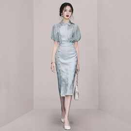夏季女装2023新款时尚气质灰色灯笼袖衬衫衬衣包臀裙长裙裙子套装