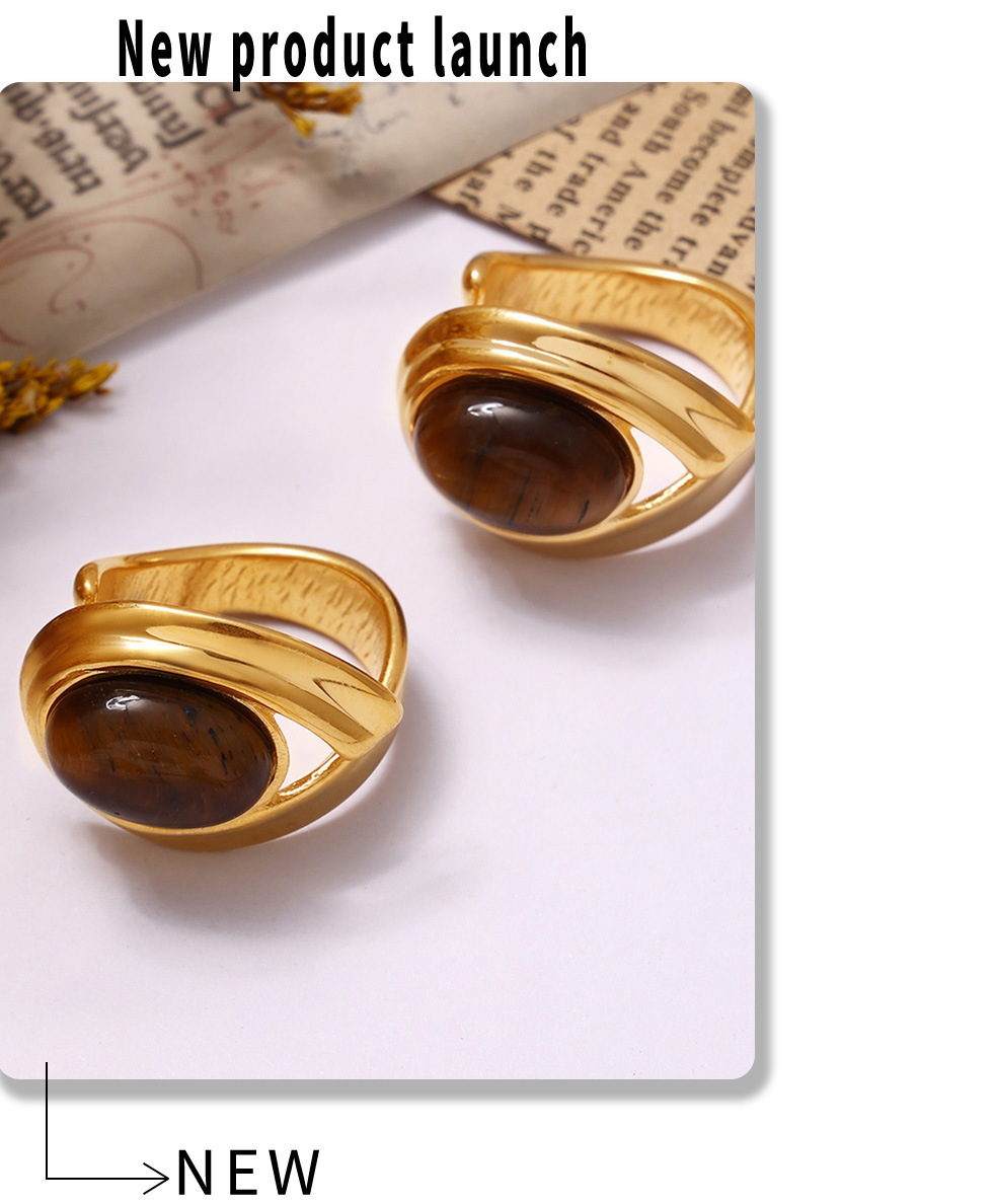 Retro Tiger Eye Stone Hoop Earrings & Open Ring Set Gold Plated_voghion.com