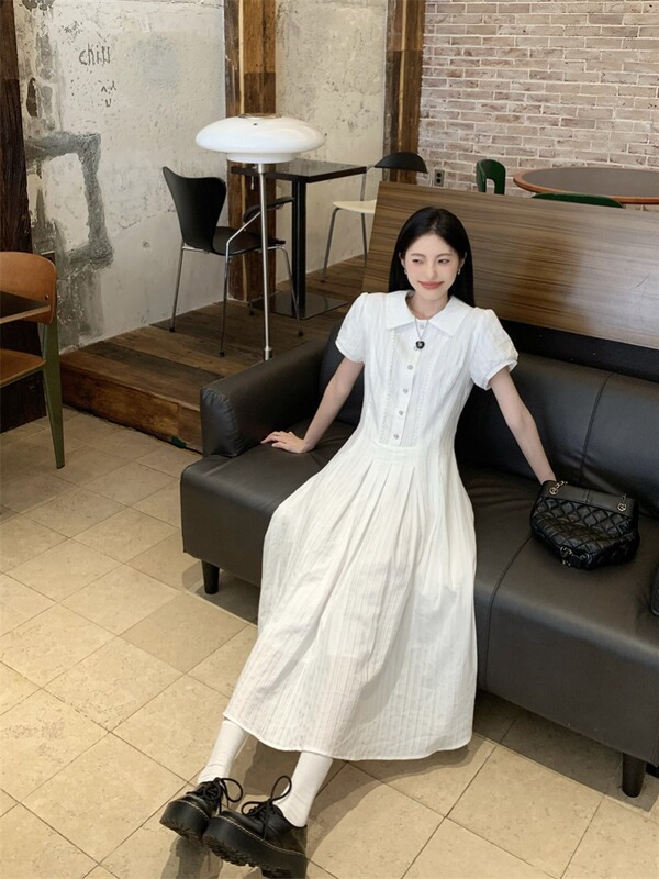 Summer New Style Polo Collar Short-Sleeve Dress for Female Students, College Style, Mid-Length, Waist-Cinching, Slimming First Love Dress