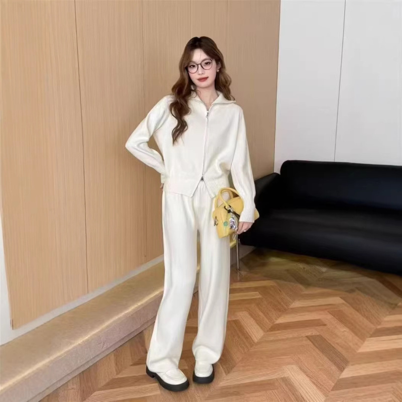 European and American Cross-Border New Style Solid Color Casual Double Zipper Design Long-Sleeve Knit Cardigan and Wide-Leg Pants Two-Piece Set for Women