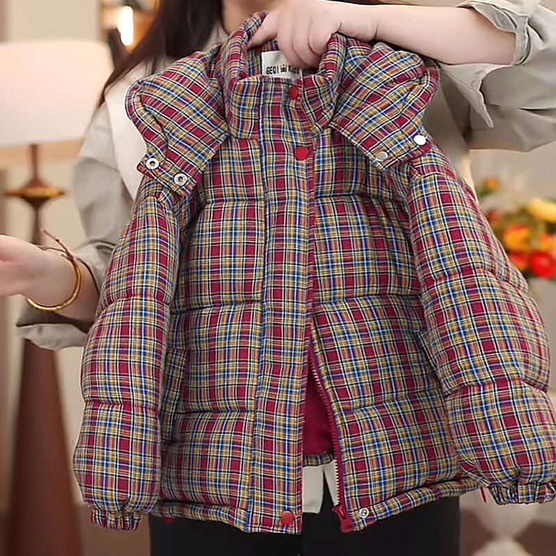 2025 New Retro Plaid down Cotton Jacket for Kidsren, Winter Thickeneded Warm Cotton Jacket, Medium and Large Kidsren's Cotton Jacket Trendy