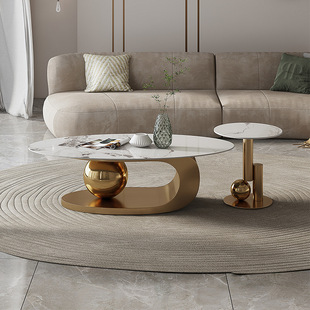 Italian Simple Light Luxury Modern Slate Personalized Sofa Coffee Table Living Room Small Apartment Special-Shaped Oval Coffee Table Combination