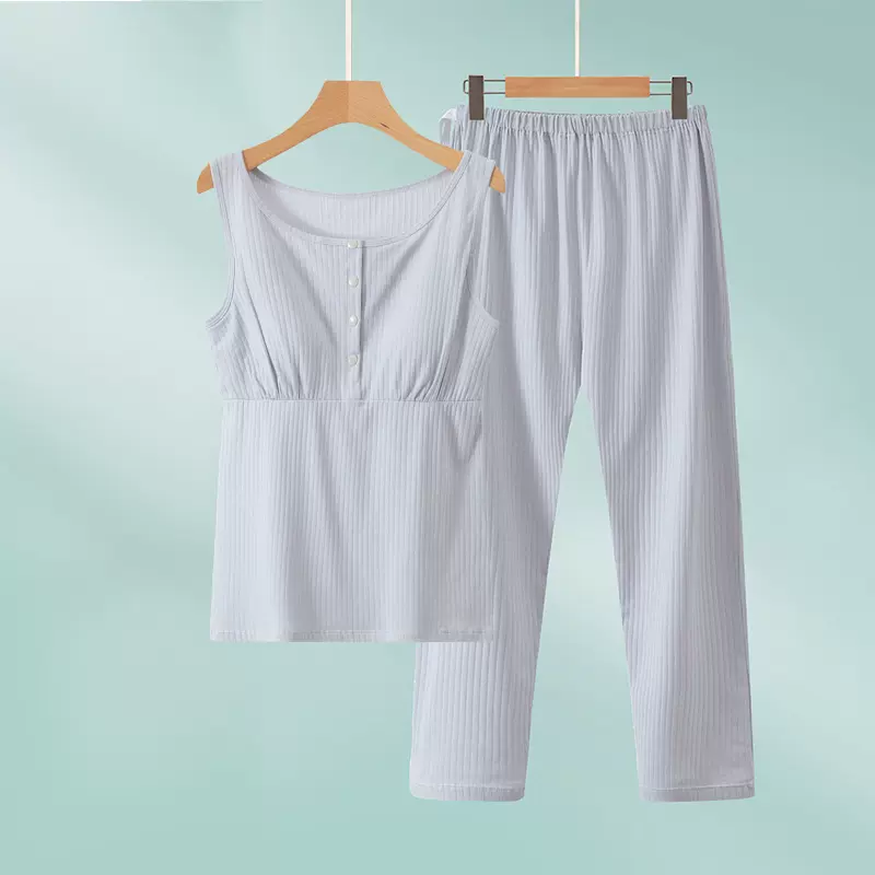 哺乳背心套装春夏薄款孕妇家居服两件套月子服纯棉带胸垫外穿大码