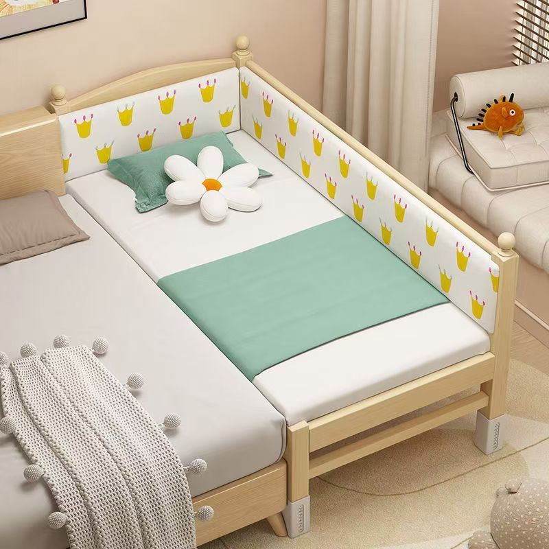 All Solid Wood Children's Spliced ​​Bed Crib with Wide Guardrail and Adjustable Height Bed for Boys and Girls