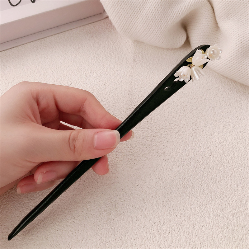 Nuevo clip de madera de estilo chino antiguo clip de cabello de orquídea de campana de estilo chino de alto nivel, vestido de caballo de flores, clip de cabello de cabello