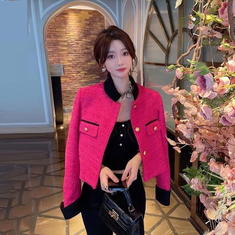 玫粉色小香风外套女2026秋季新款小众短款韩版小个子立领西服上衣