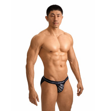 男士条纹冰丝透明薄款三角裤 夏季网纱U凸低腰透气网孔性感内裤