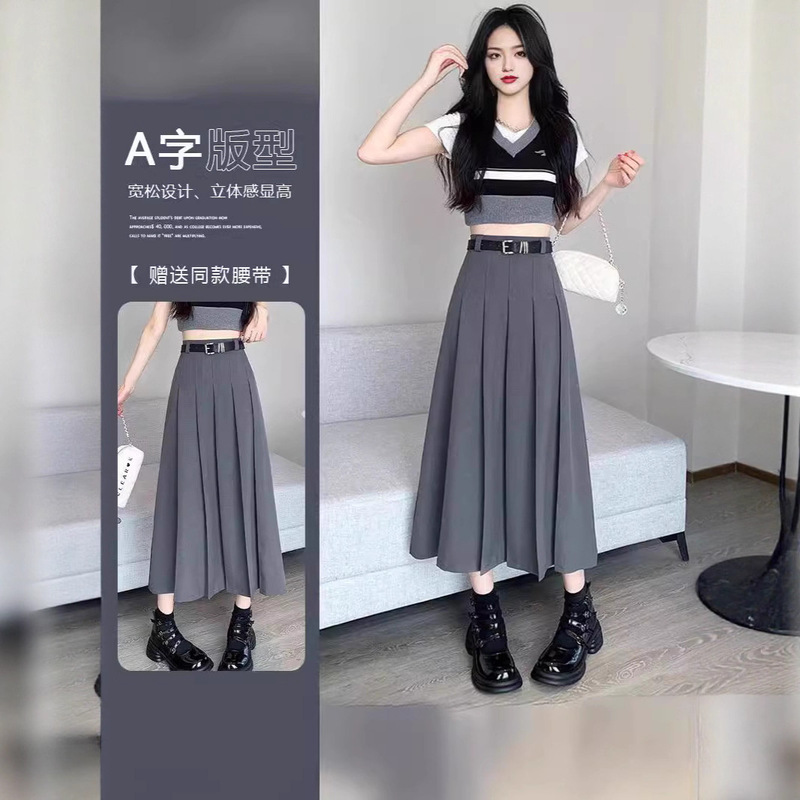 Suit Fabric Pleated Skirt Long Skirt 2025 New Korean Style Simple Black Gray French High Waist Slimming Look A-Line Version