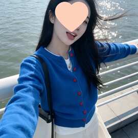 法式克莱因蓝软糯针织毛衣外套女秋冬新款宽松慵懒风开衫上衣外穿