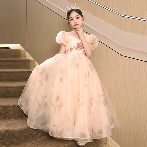 Bubble sleeve girl child dress princess skirt flower child wedding host sweet catwalk fluffy fabric children's performance dress