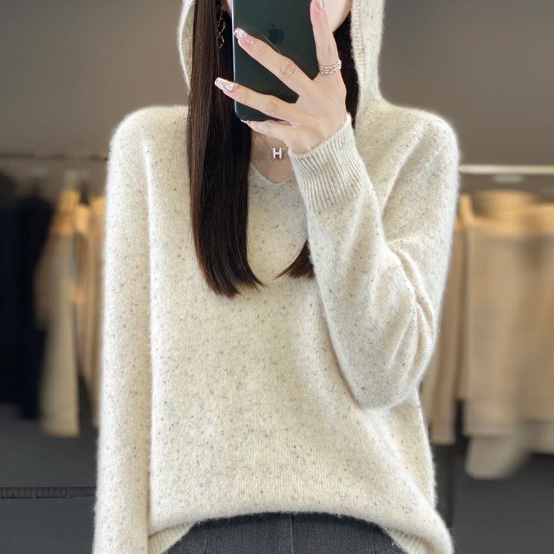 24 Fall/Winter First-Line Garment Cashmere Hoodie Women's V-Neck Bright Silk Long-Sleeved Sweater Loose 100 Sweater Sweater Jacket